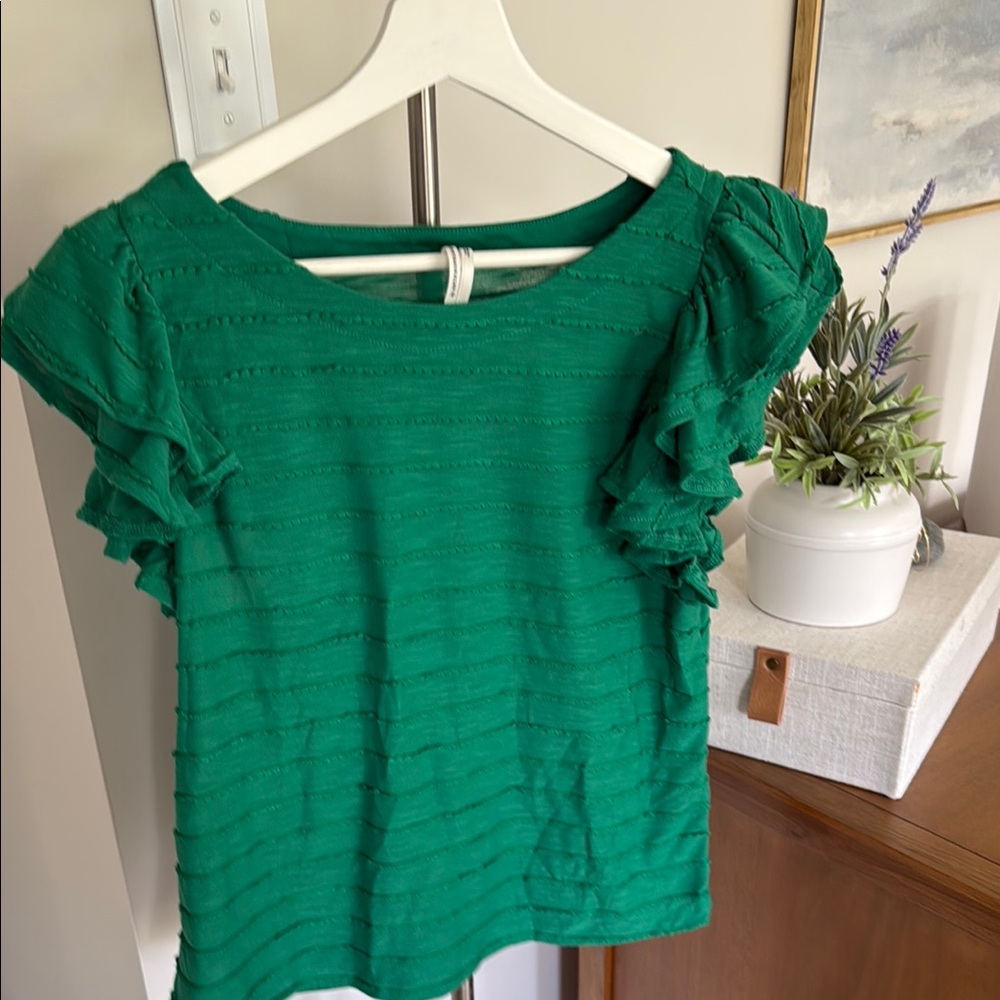 Anthropologie Green Ruffle Sleeve Top